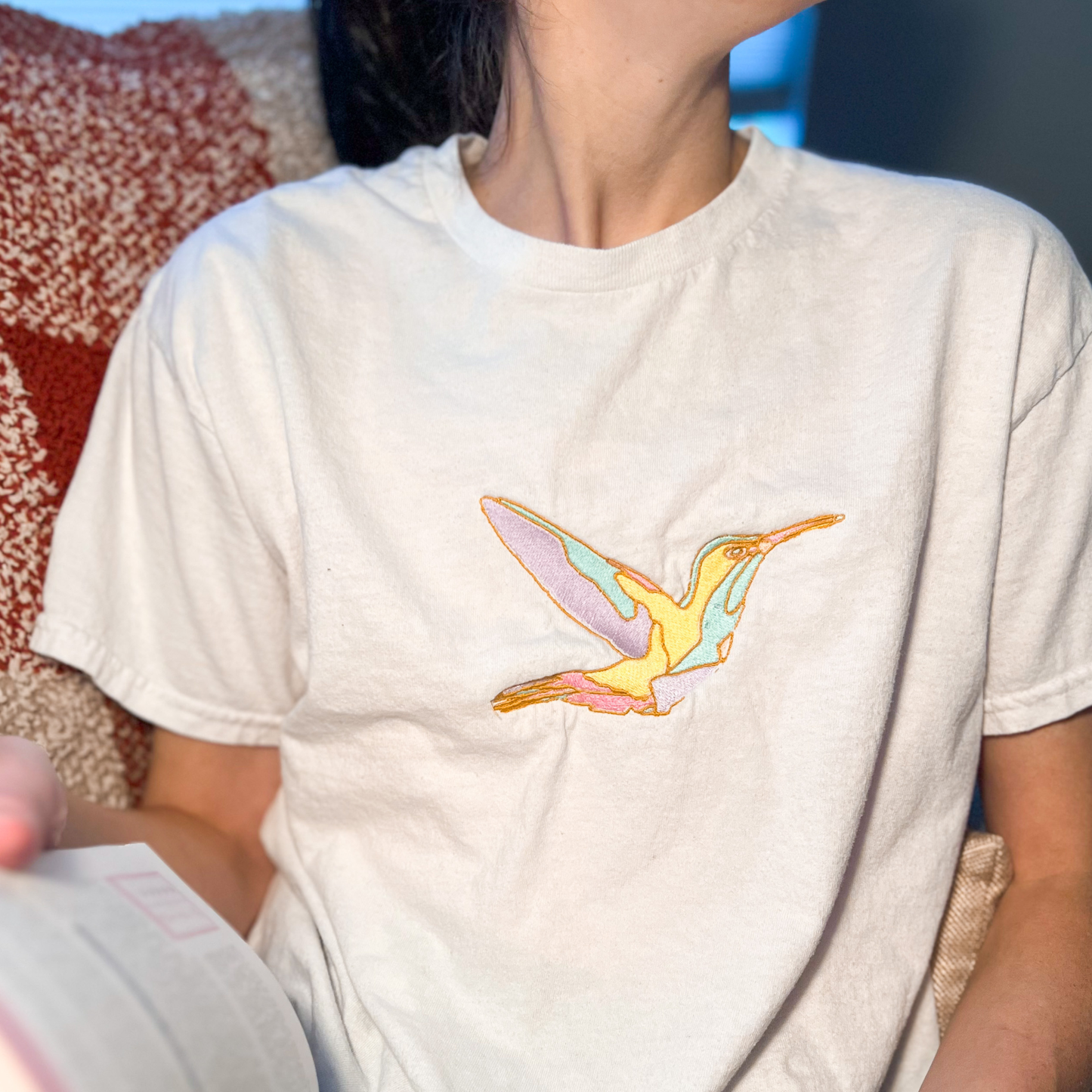 Stained Glass Hummingbird Embroidered T-Shirt