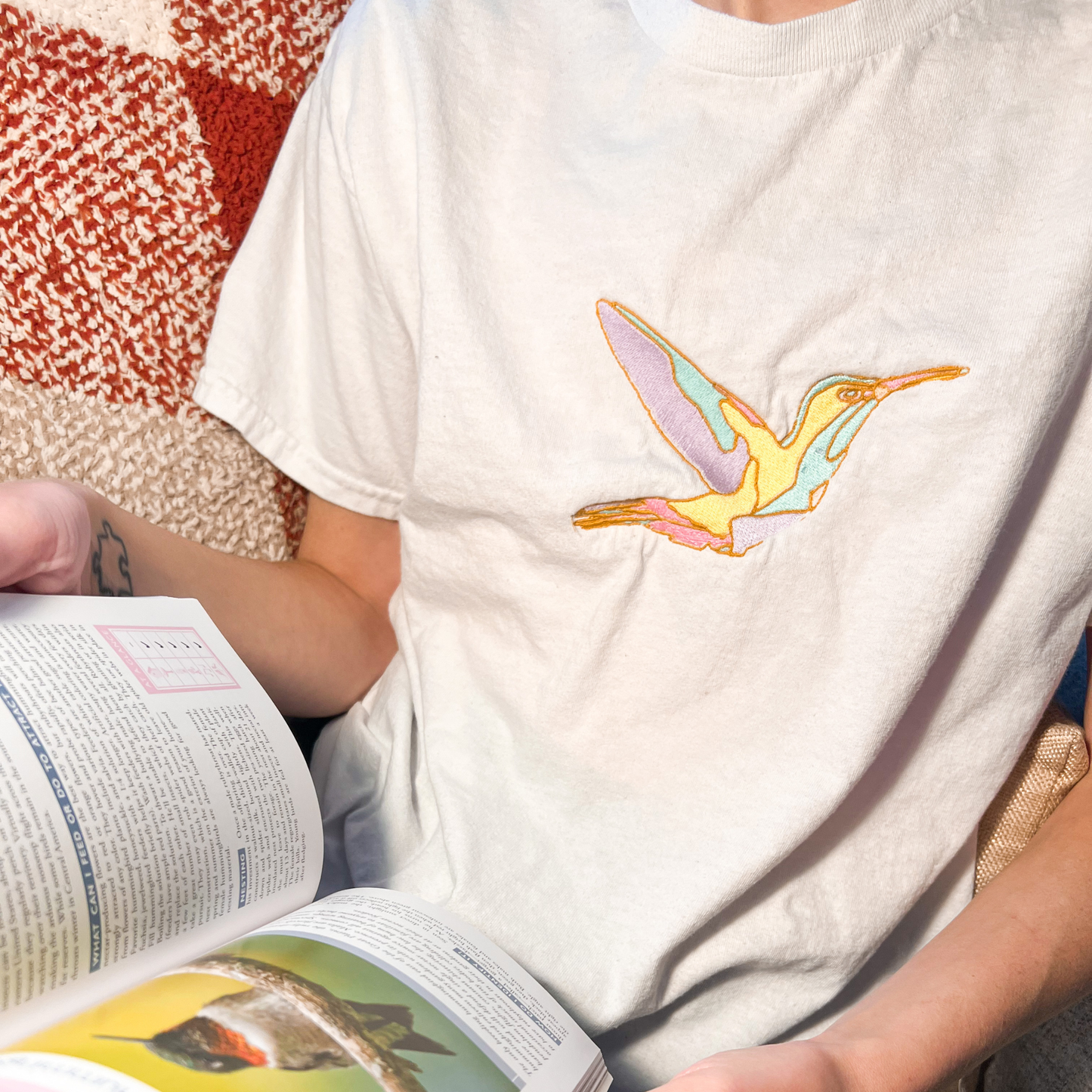 Stained Glass Hummingbird Embroidered T-Shirt
