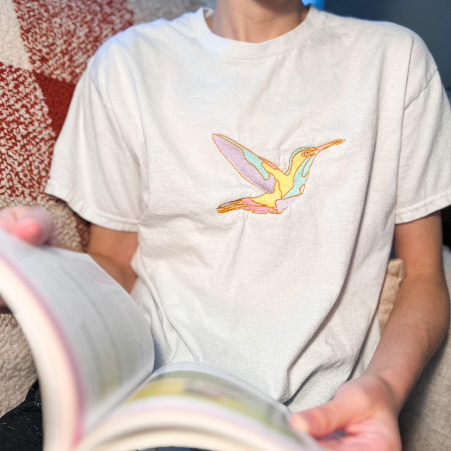 Stained Glass Hummingbird Embroidered T-Shirt