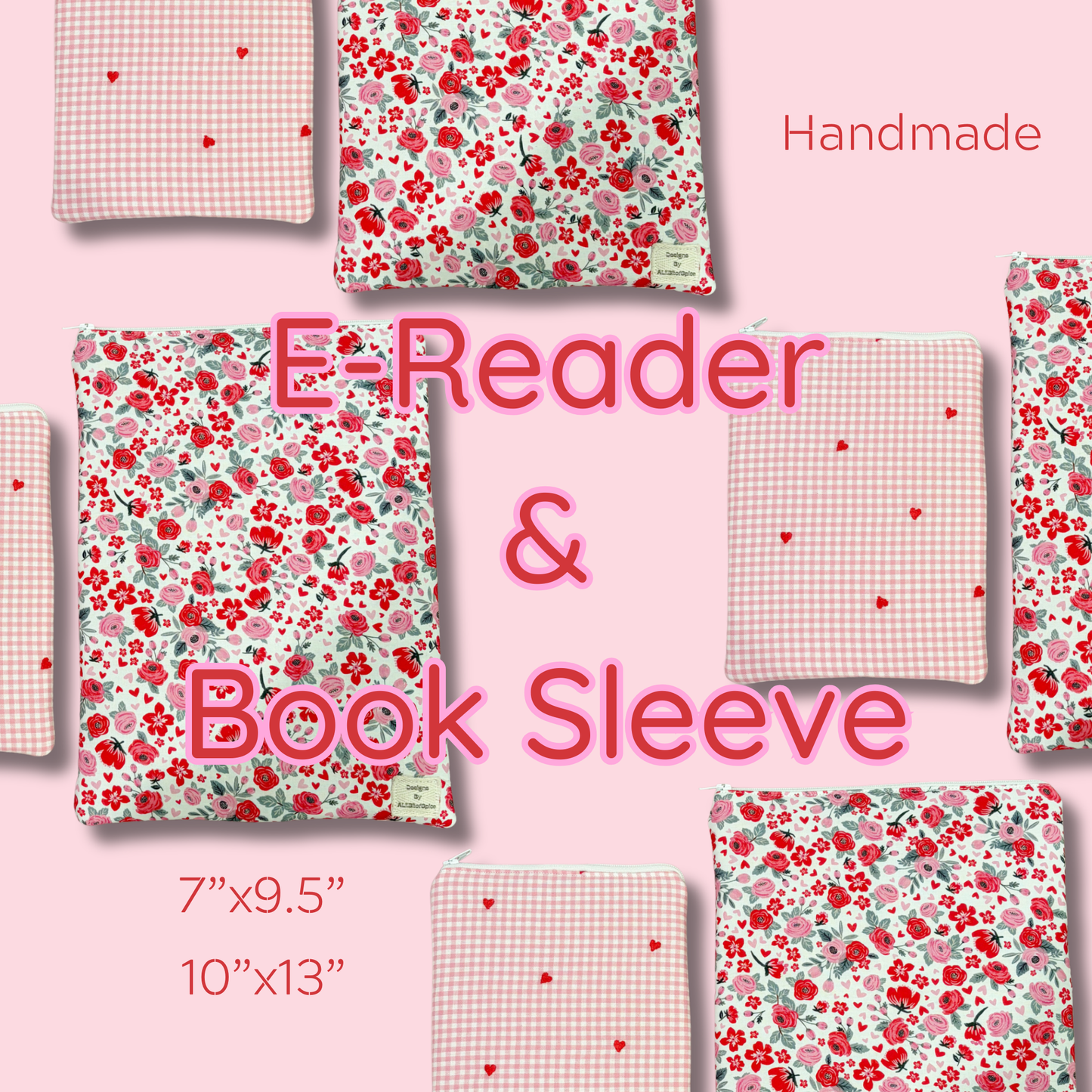 Collection of floral and checkered e-reader and book sleeves on a pink background with 'Handmade' text.
