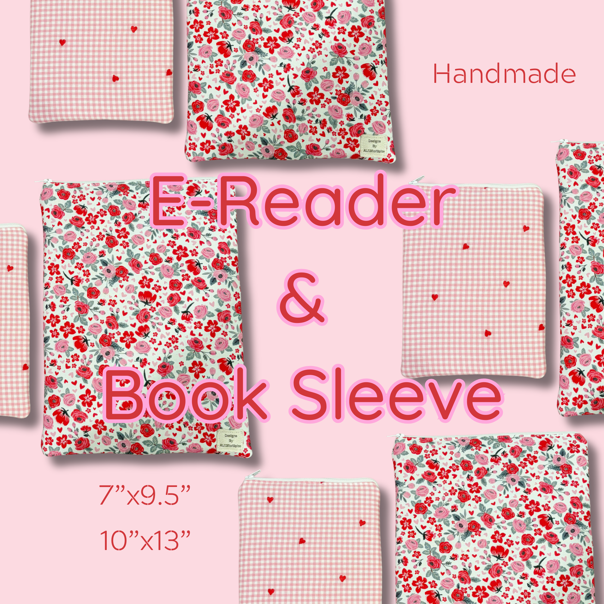 Collection of floral and checkered e-reader and book sleeves on a pink background with 'Handmade' text.