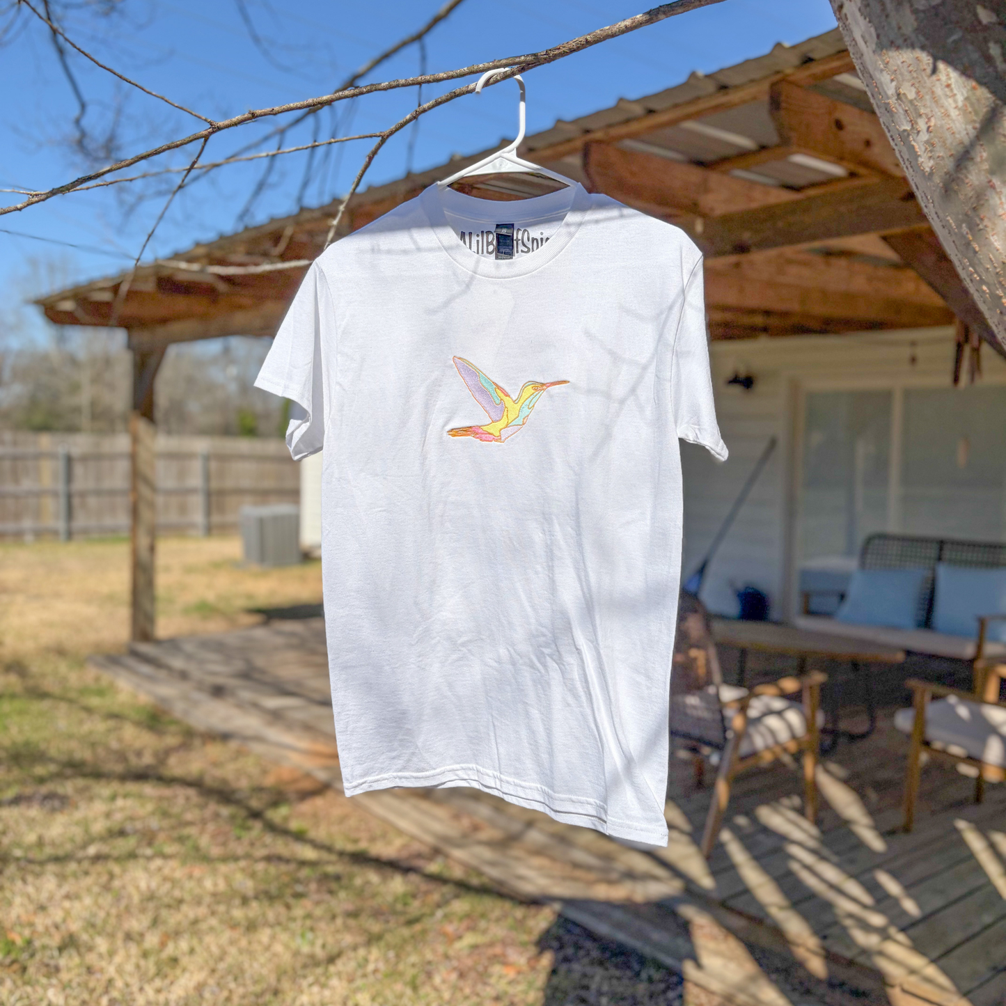 Stained Glass Hummingbird Embroidered T-Shirt